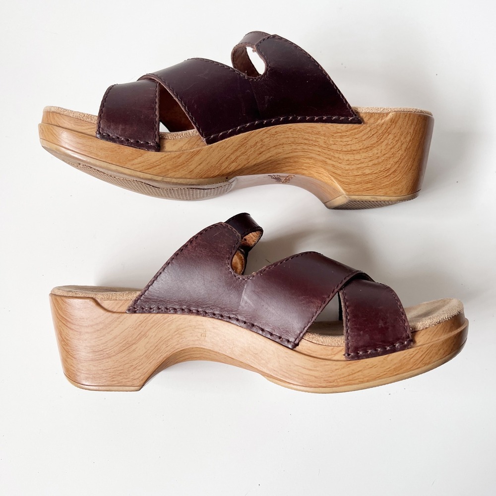 Vintage Dansko Leather Clog Sandals‎ 41 10.5-11 Brown Wedge Platform Chunky Boho - Picture 4 of 8